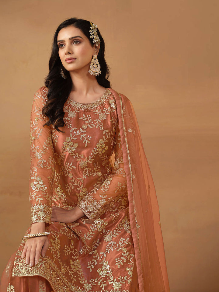 Peach Embroidered Net Semi Stitched Kurta With Sharara &amp; Dupatta