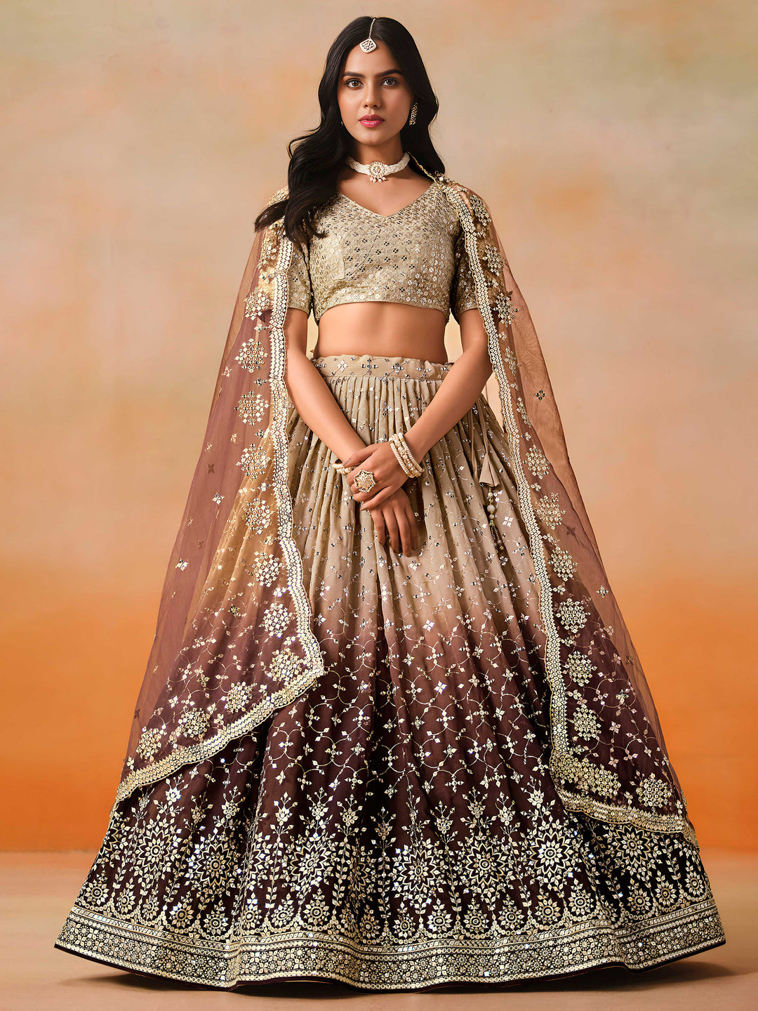 Brown Georgette Embroidered Semi Stitched Lehenga Choli with Dupatta