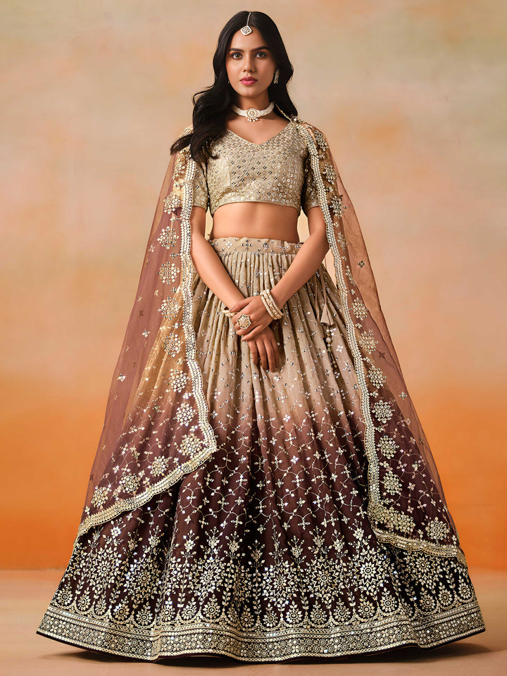 Brown Georgette Embroidered Semi Stitched Lehenga Choli with Dupatta