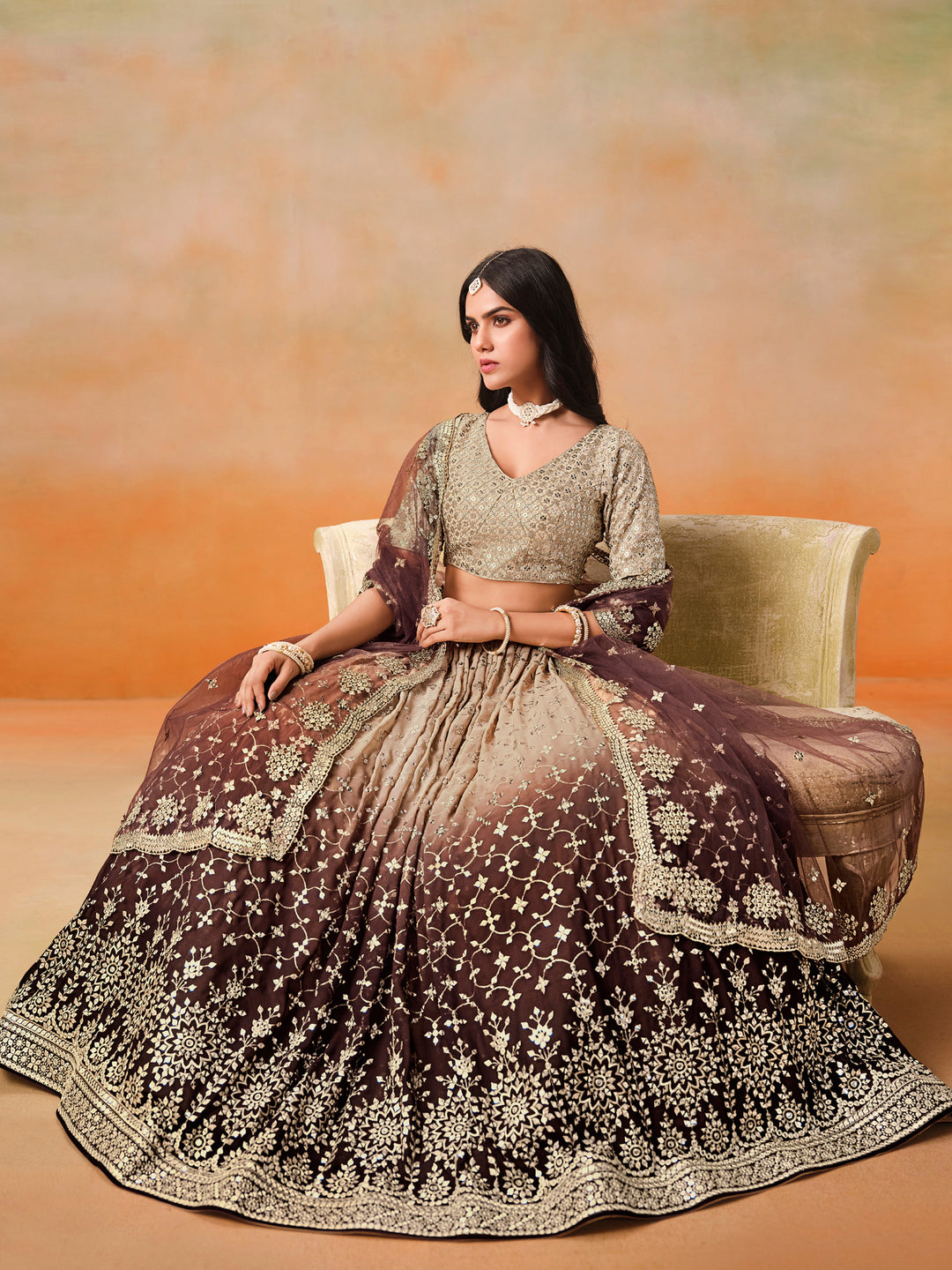 Brown Georgette Embroidered Semi Stitched Lehenga Choli with Dupatta