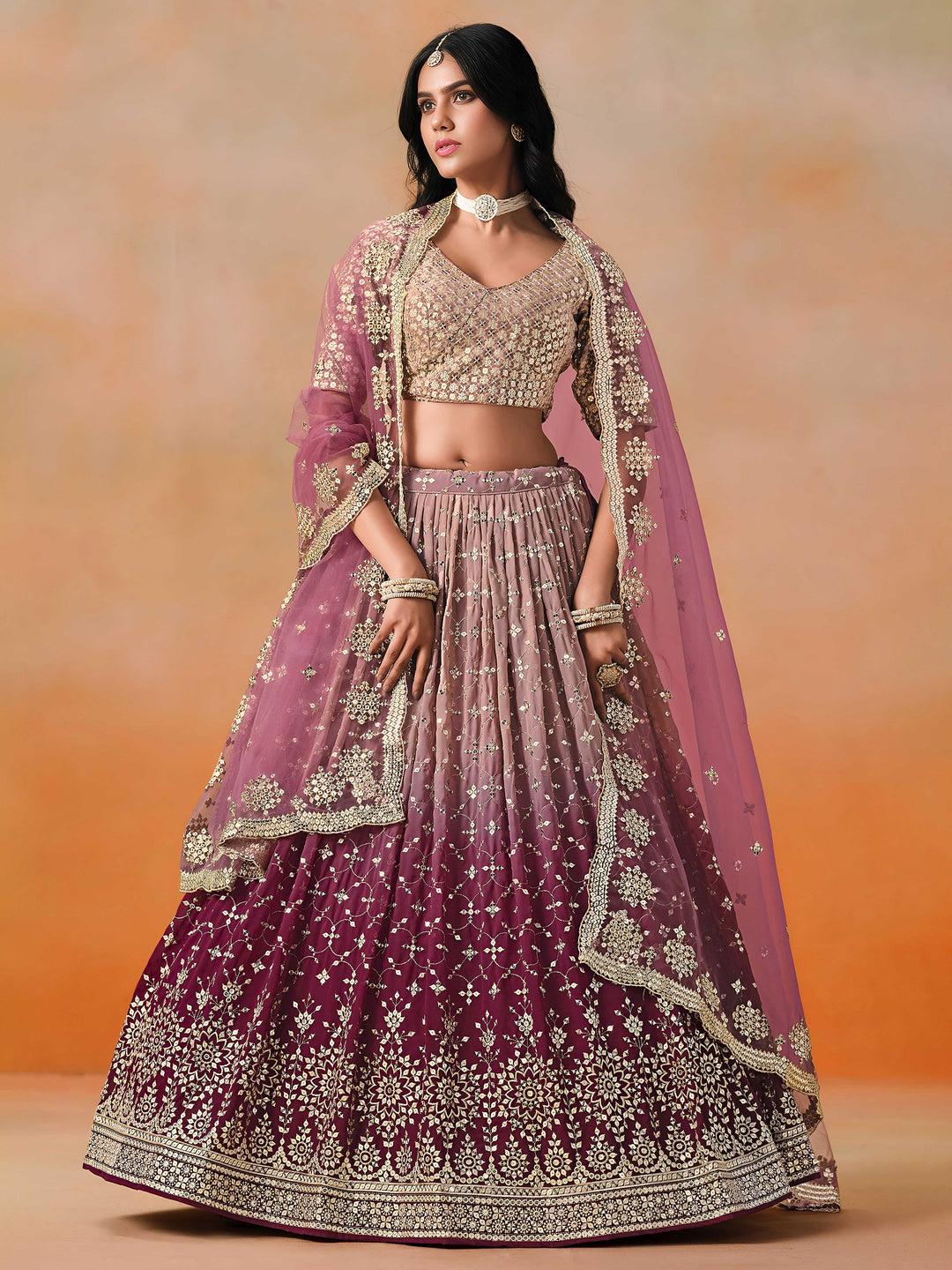 Maroon Georgette Embroidered Semi Stitched Lehenga Choli with Dupatta