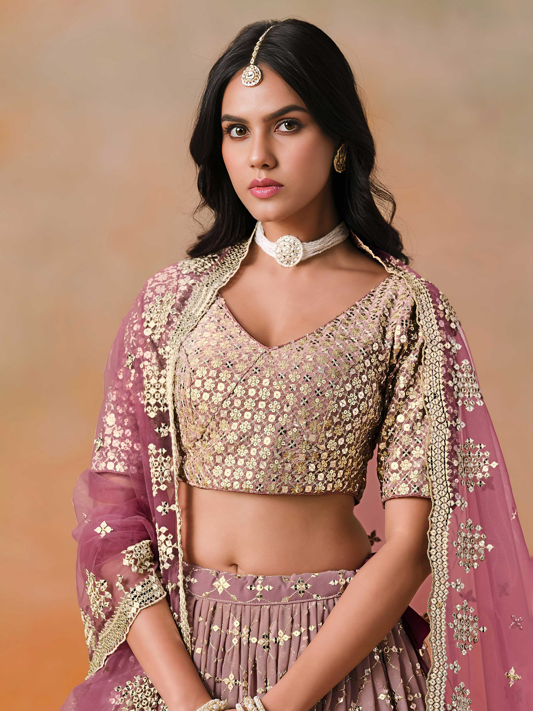 Maroon Georgette Embroidered Semi Stitched Lehenga Choli with Dupatta