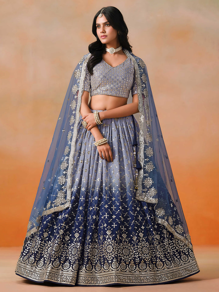 Navy-Blue Georgette Embroidered Semi Stitched Lehenga Choli with Dupatta