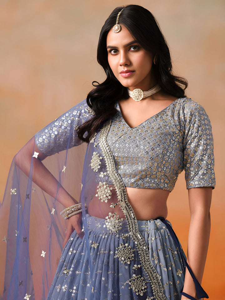 Navy-Blue Georgette Embroidered Semi Stitched Lehenga Choli with Dupatta