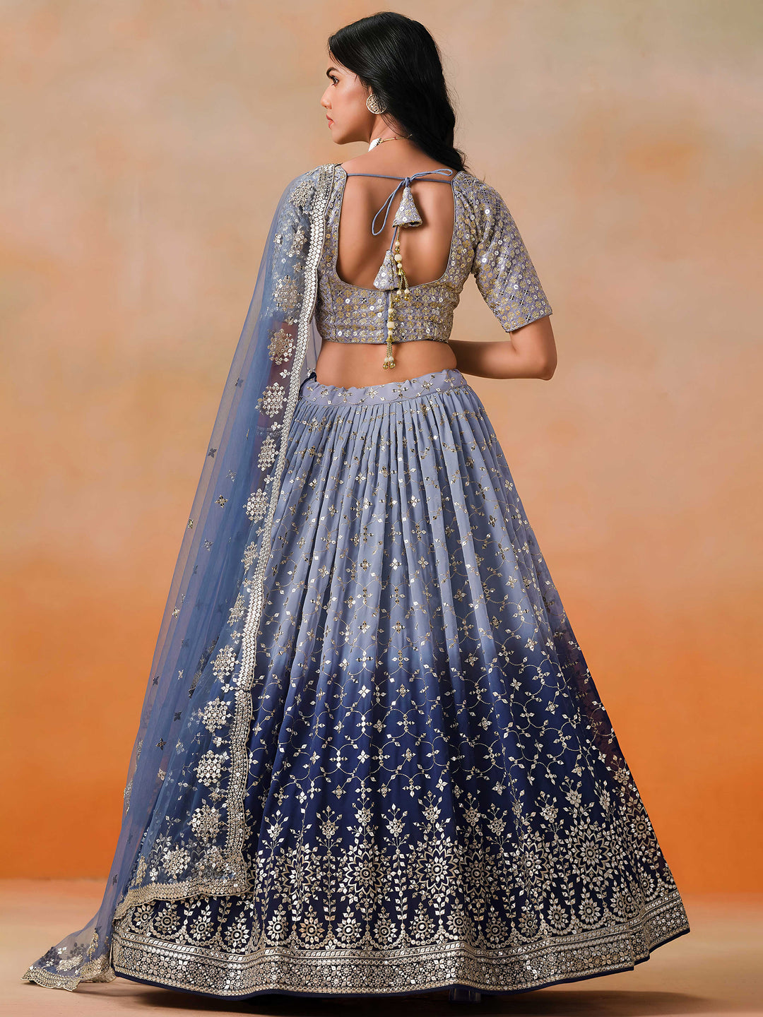 Navy-Blue Georgette Embroidered Semi Stitched Lehenga Choli with Dupatta
