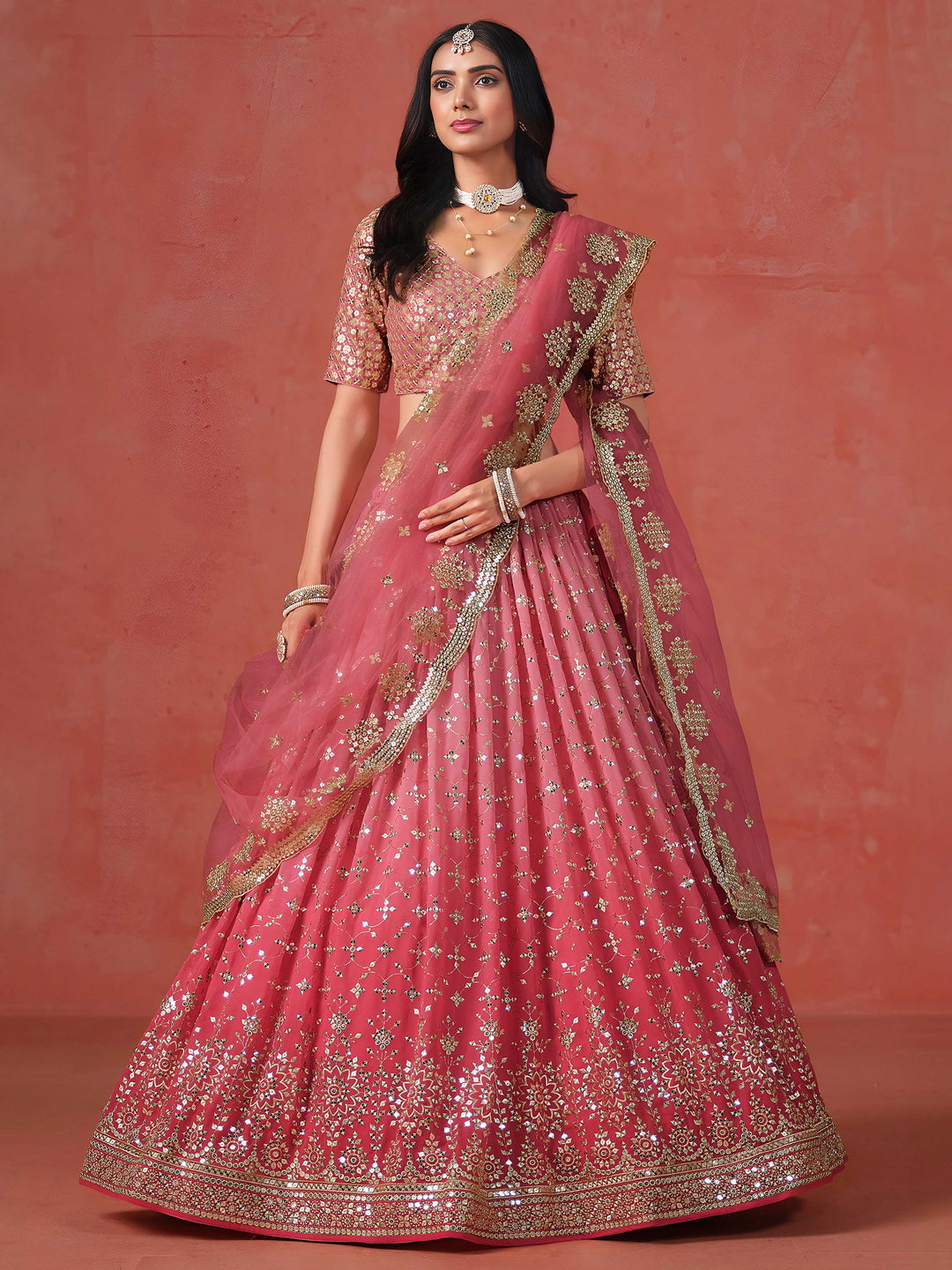 Peach Georgette Embroidered Semi Stitched Lehenga Choli with Dupatta