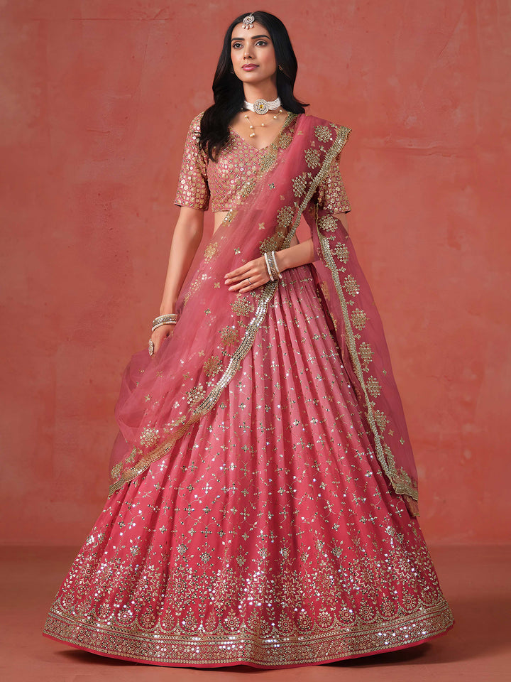 Peach Georgette Embroidered Semi Stitched Lehenga Choli with Dupatta