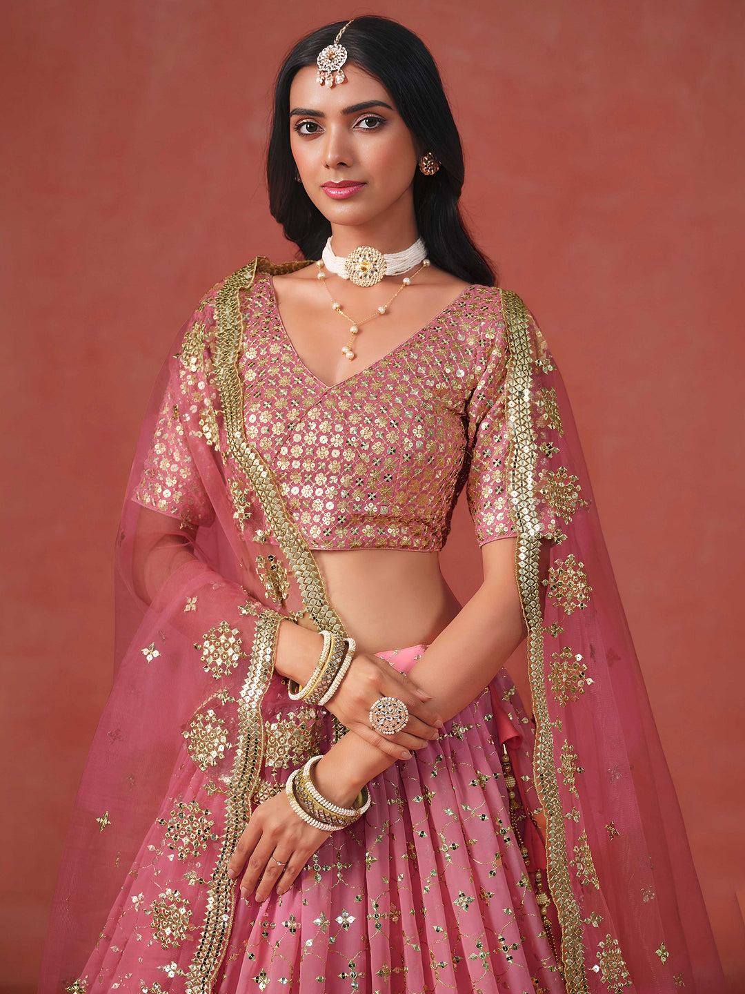 Peach Georgette Embroidered Semi Stitched Lehenga Choli with Dupatta