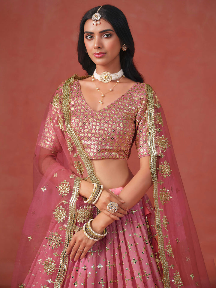 Peach Georgette Embroidered Semi Stitched Lehenga Choli with Dupatta