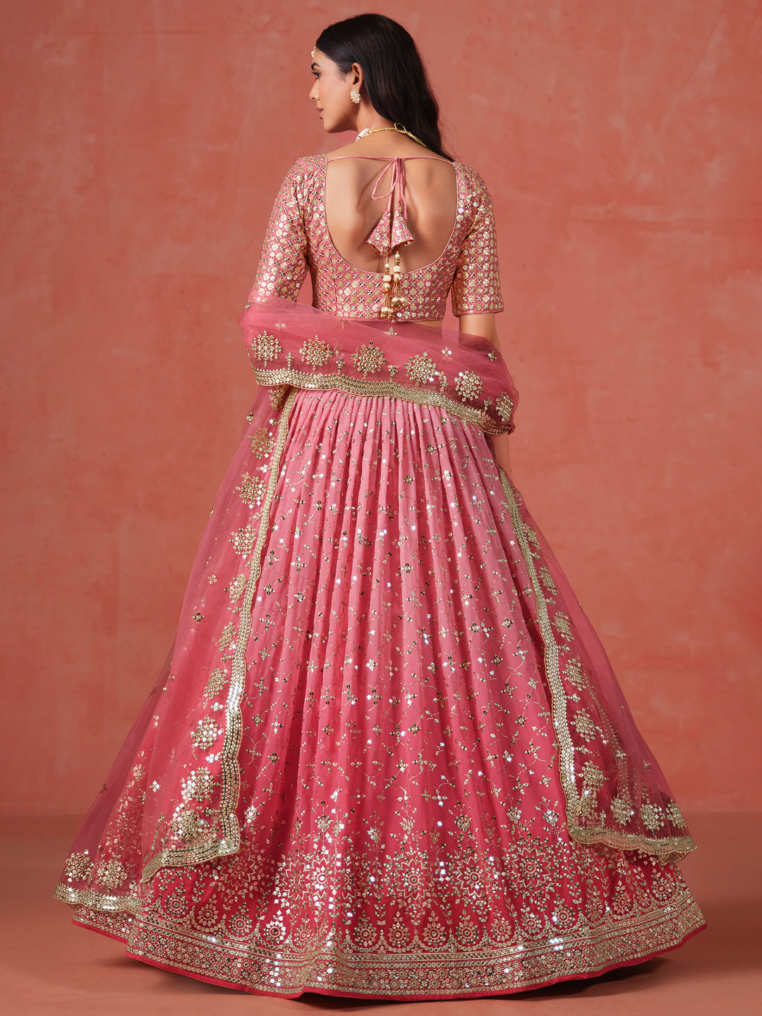 Peach Georgette Embroidered Semi Stitched Lehenga Choli with Dupatta