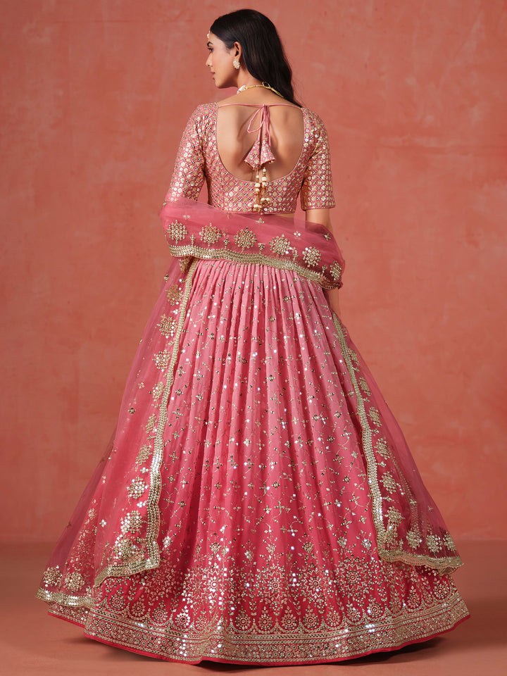 Peach Georgette Embroidered Semi Stitched Lehenga Choli with Dupatta
