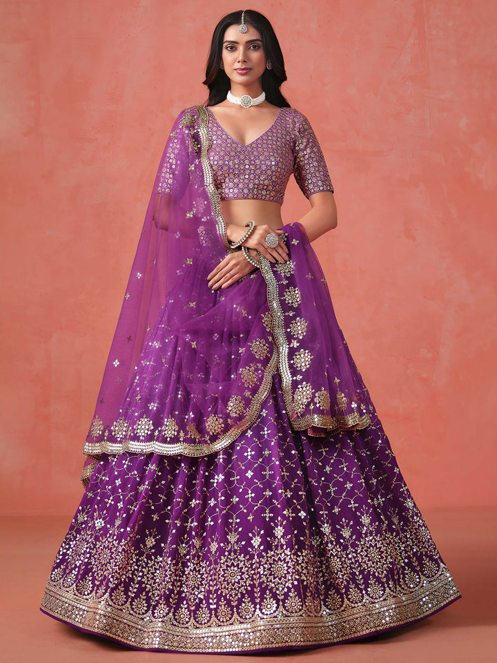 Purple Georgette Embroidered Semi Stitched Lehenga Choli with Dupatta