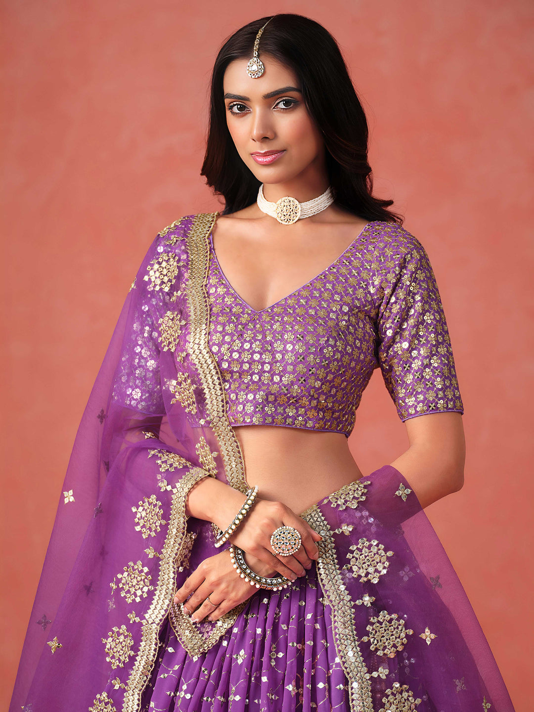 Purple Georgette Embroidered Semi Stitched Lehenga Choli with Dupatta