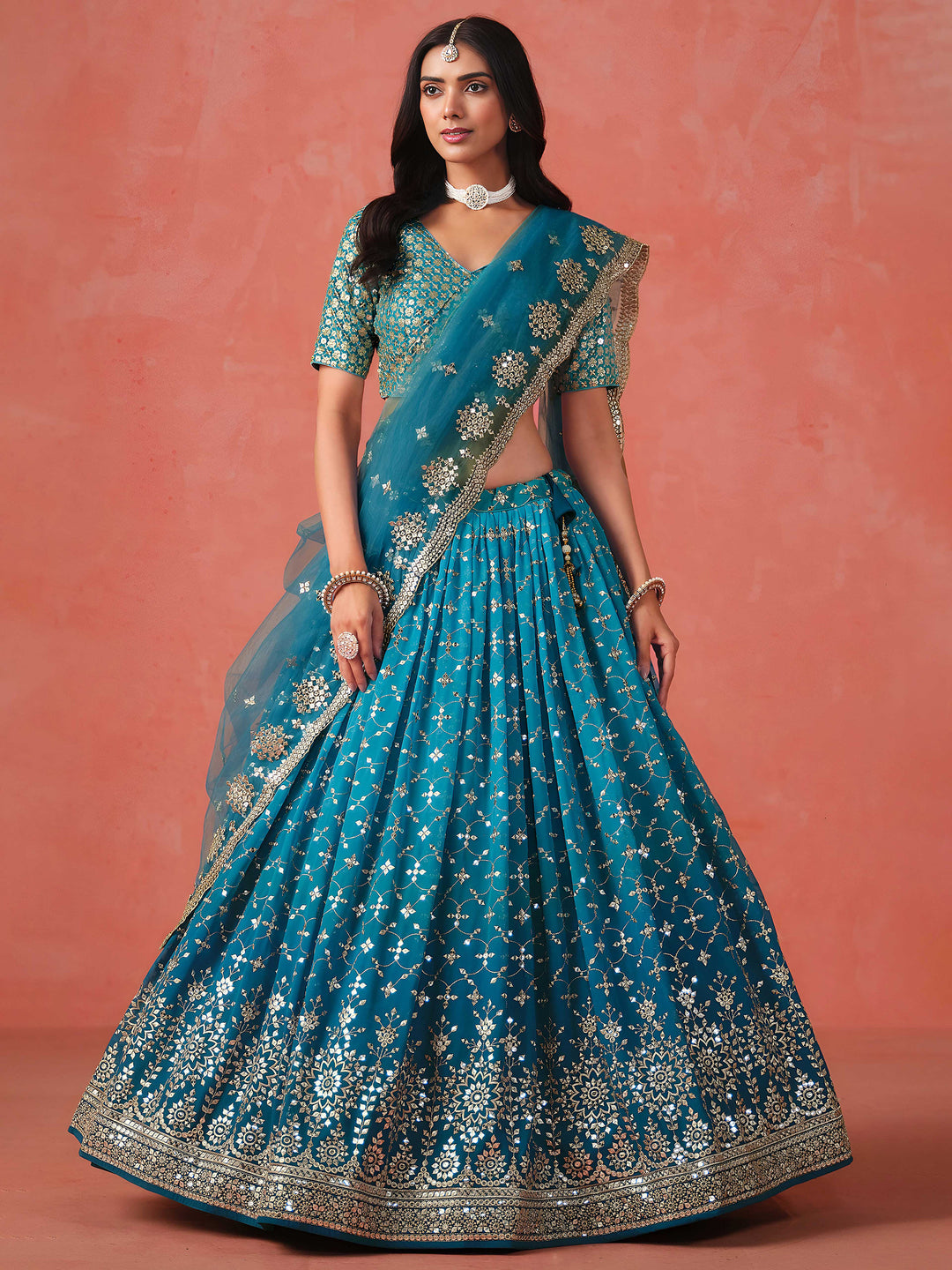 Blue Georgette Embroidered Semi Stitched Lehenga Choli with Dupatta