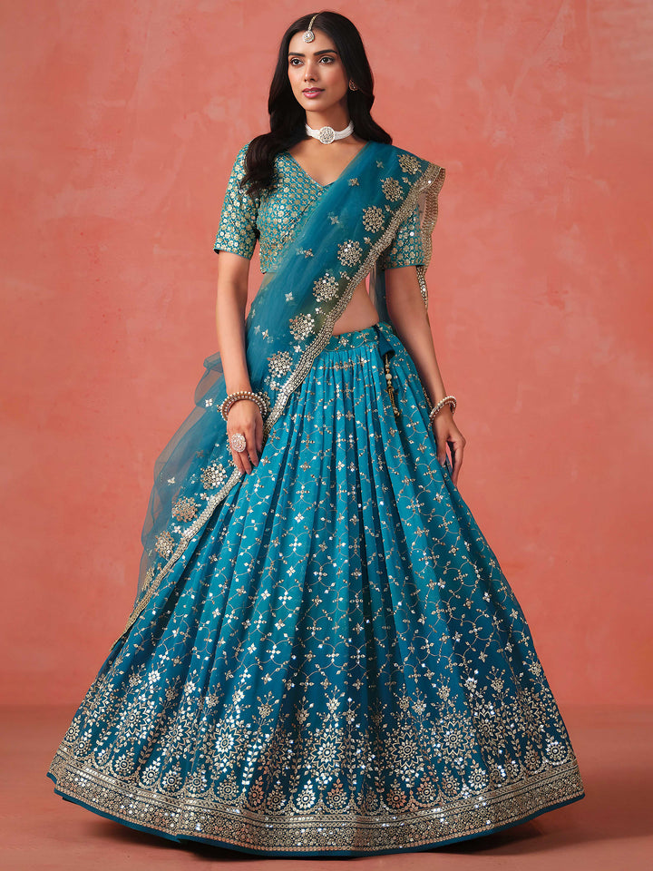 Blue Georgette Embroidered Semi Stitched Lehenga Choli with Dupatta