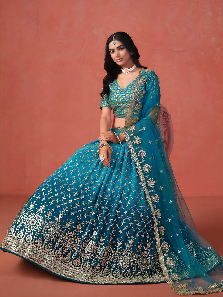 Blue Georgette Embroidered Semi Stitched Lehenga Choli with Dupatta