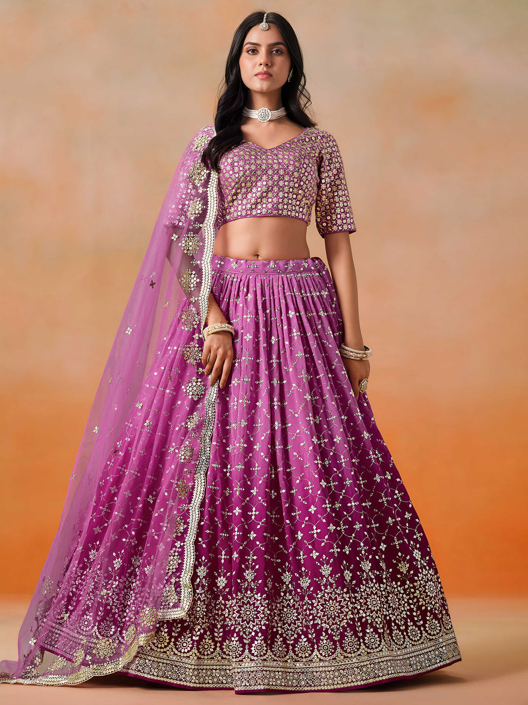 Rani-Pink Georgette Embroidered Semi Stitched Lehenga Choli with Dupatta