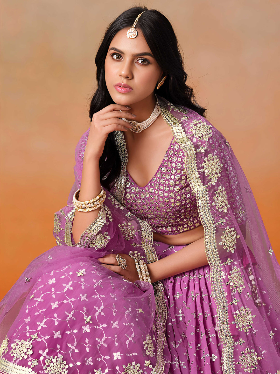 Rani-Pink Georgette Embroidered Semi Stitched Lehenga Choli with Dupatta