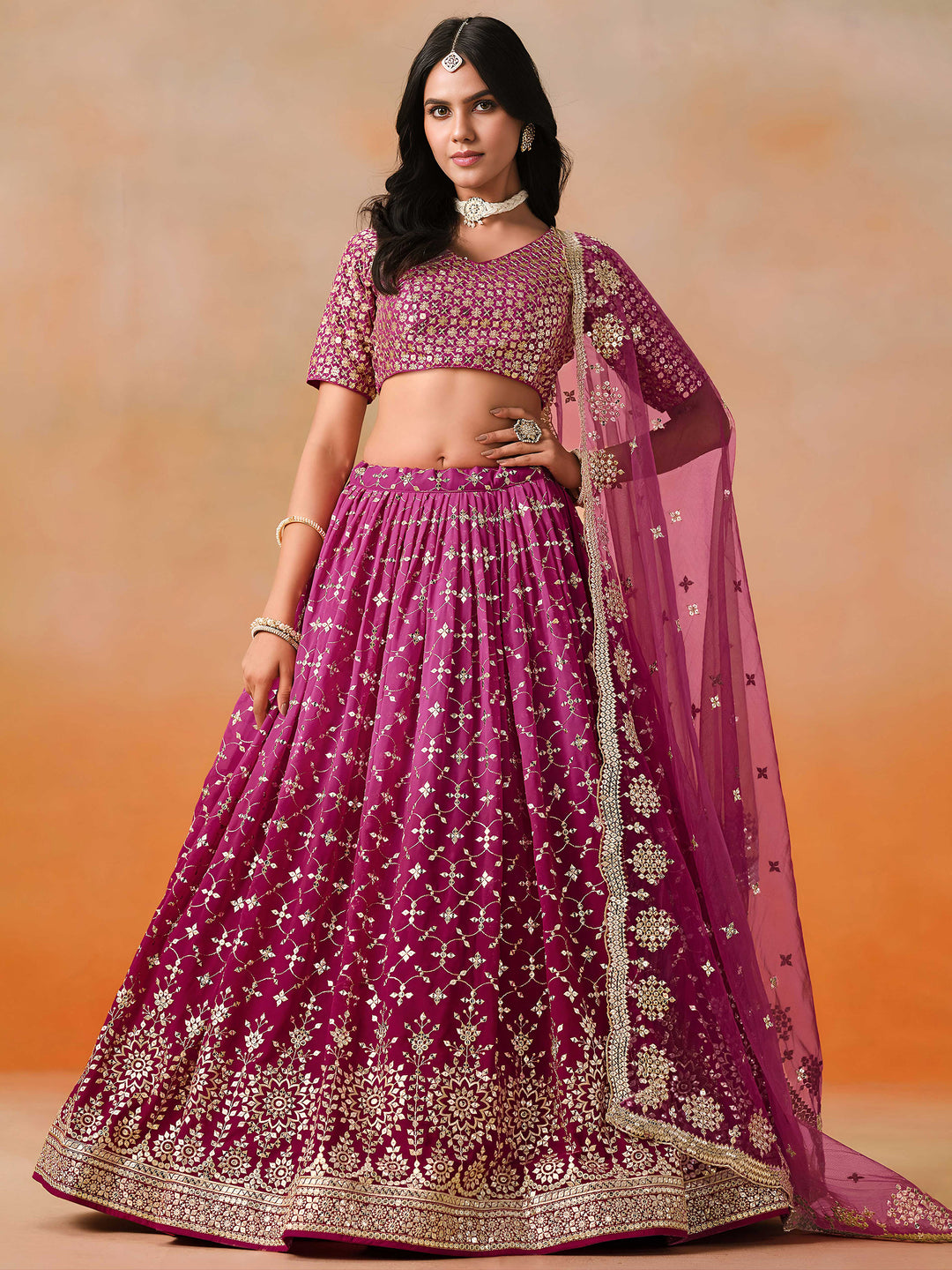Red-Pink Georgette Embroidered Semi Stitched Lehenga Choli with Dupatta