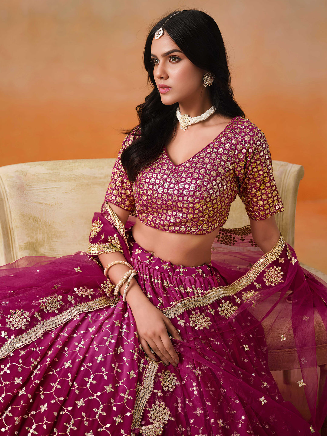 Red-Pink Georgette Embroidered Semi Stitched Lehenga Choli with Dupatta