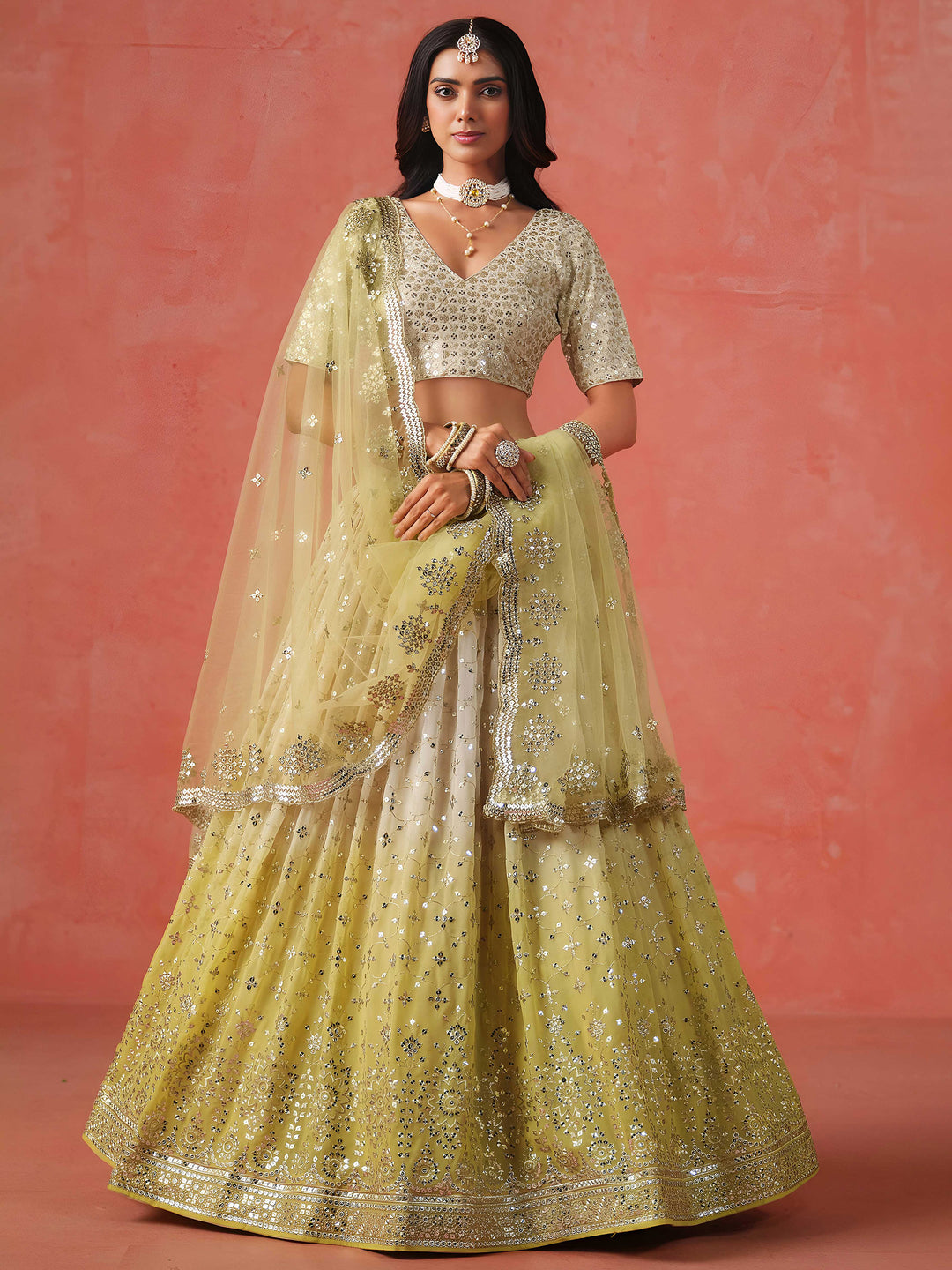 Yellow Georgette Embroidered Semi Stitched Lehenga Choli with Dupatta