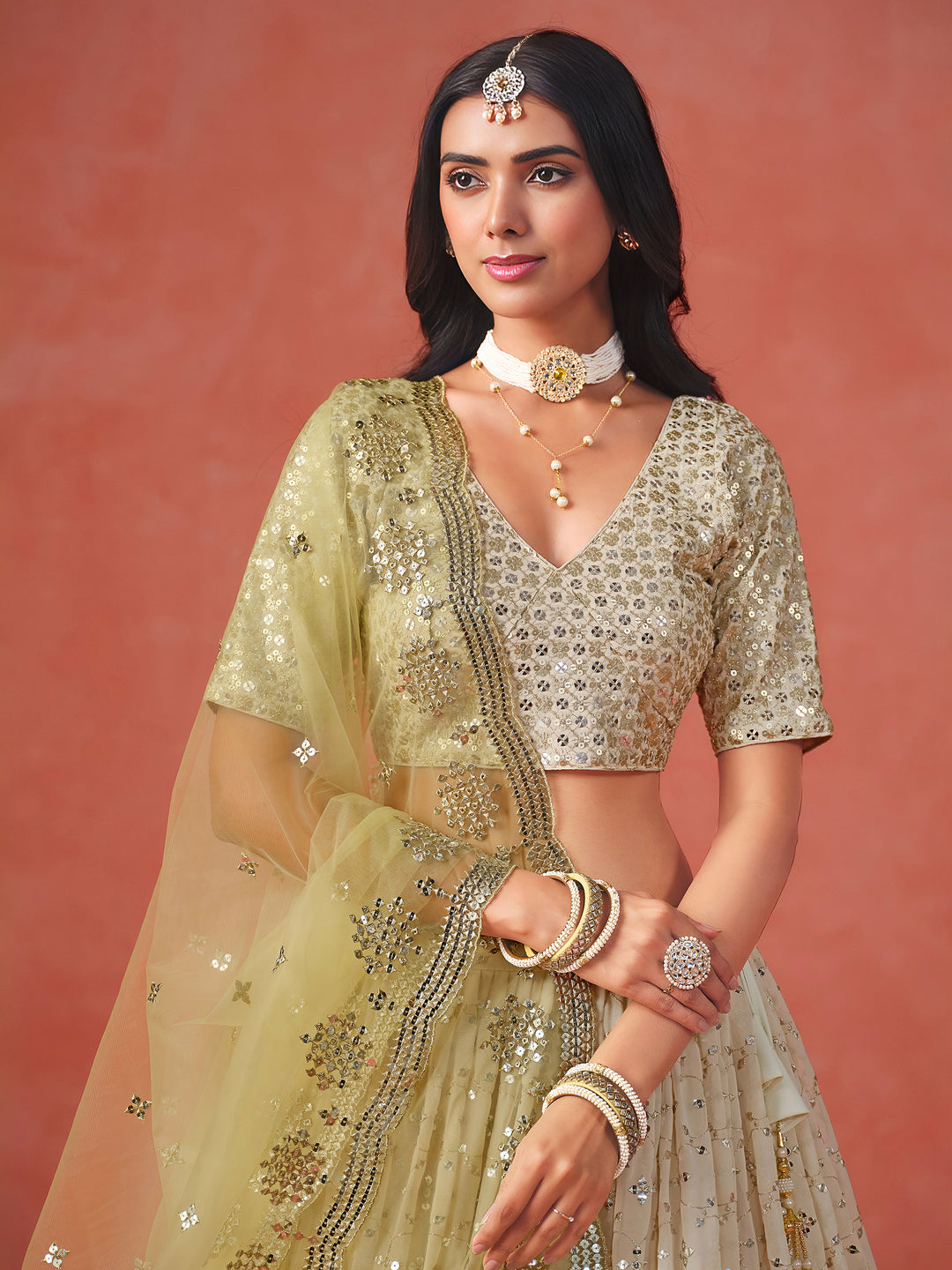 Yellow Georgette Embroidered Semi Stitched Lehenga Choli with Dupatta