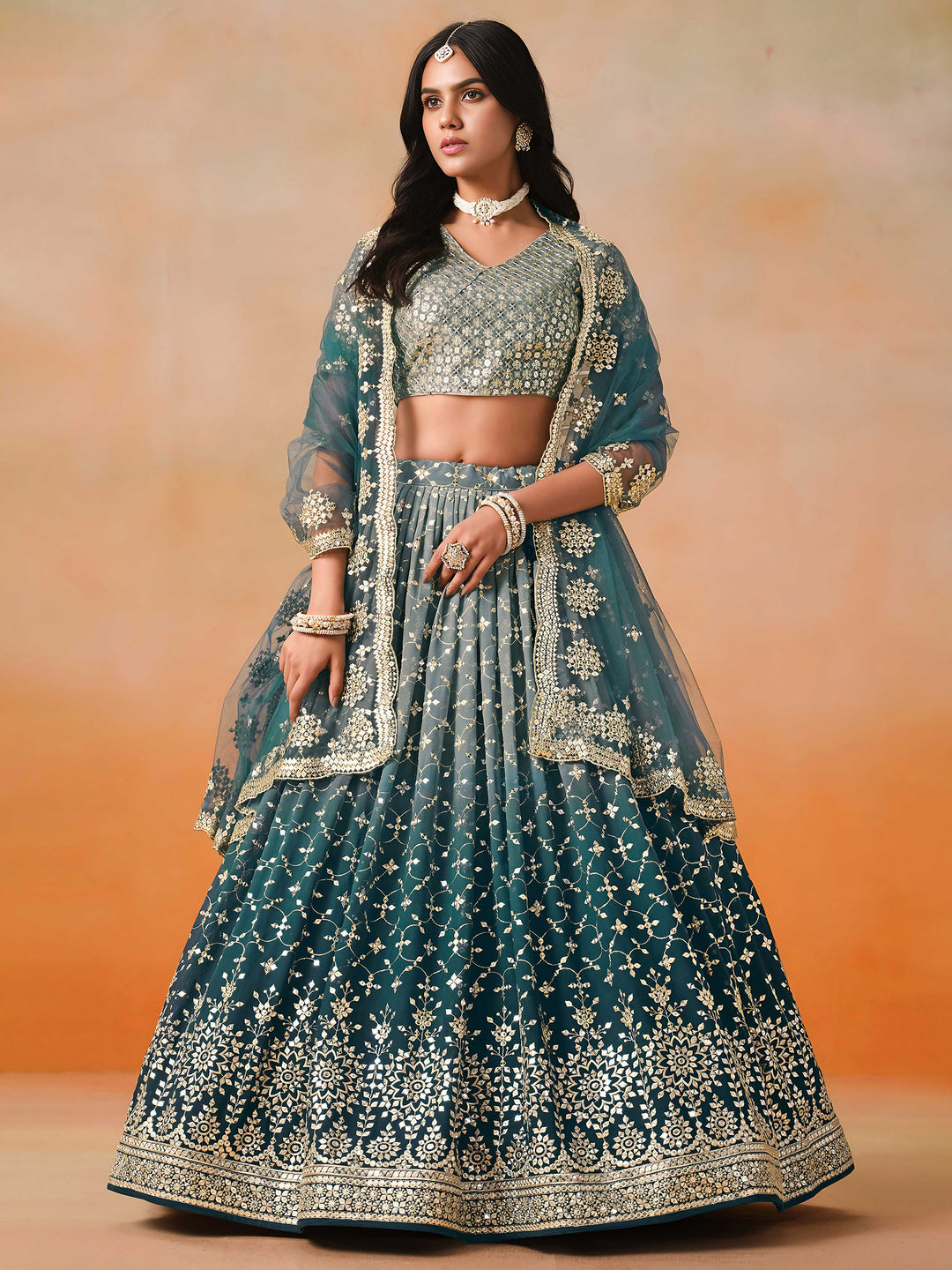 Aqua-Blue Georgette Embroidered Semi Stitched Lehenga Choli with Dupatta