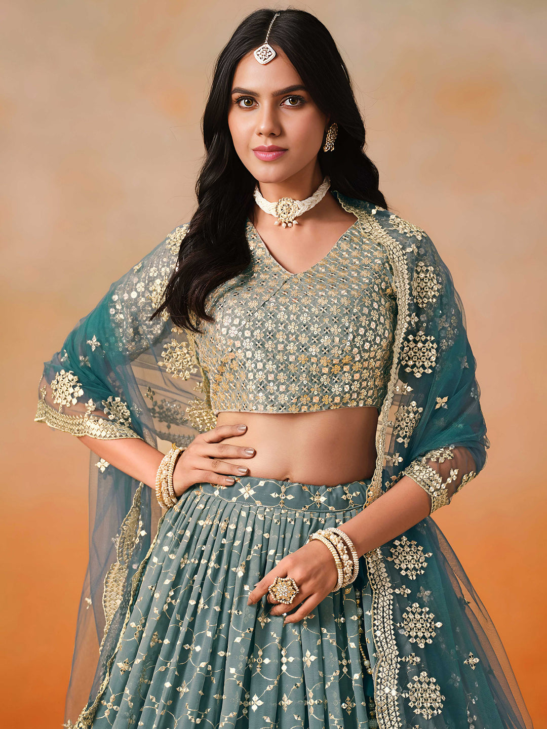 Aqua-Blue Georgette Embroidered Semi Stitched Lehenga Choli with Dupatta