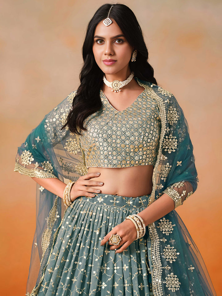Aqua-Blue Georgette Embroidered Semi Stitched Lehenga Choli with Dupatta