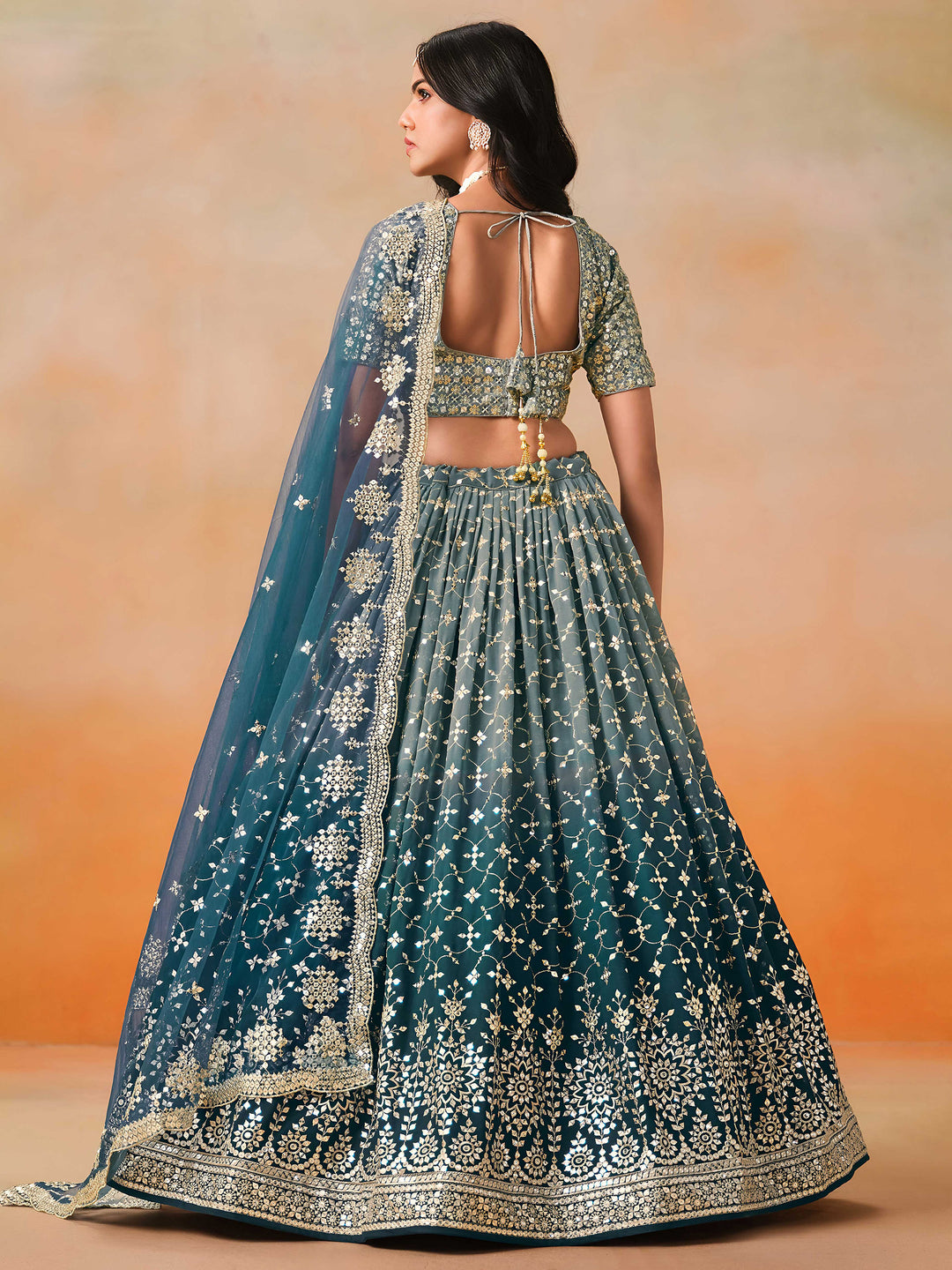 Aqua-Blue Georgette Embroidered Semi Stitched Lehenga Choli with Dupatta