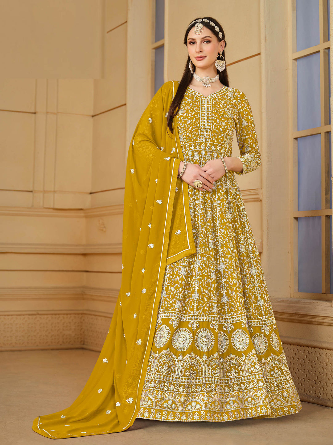 Mustard Embroidered Georgette Semi Stitched Kurta With Churidar Pajami &amp; Dupatta