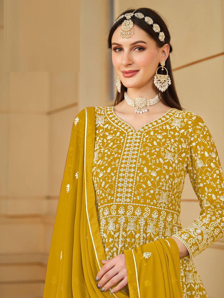 Mustard Embroidered Georgette Semi Stitched Kurta With Churidar Pajami &amp; Dupatta