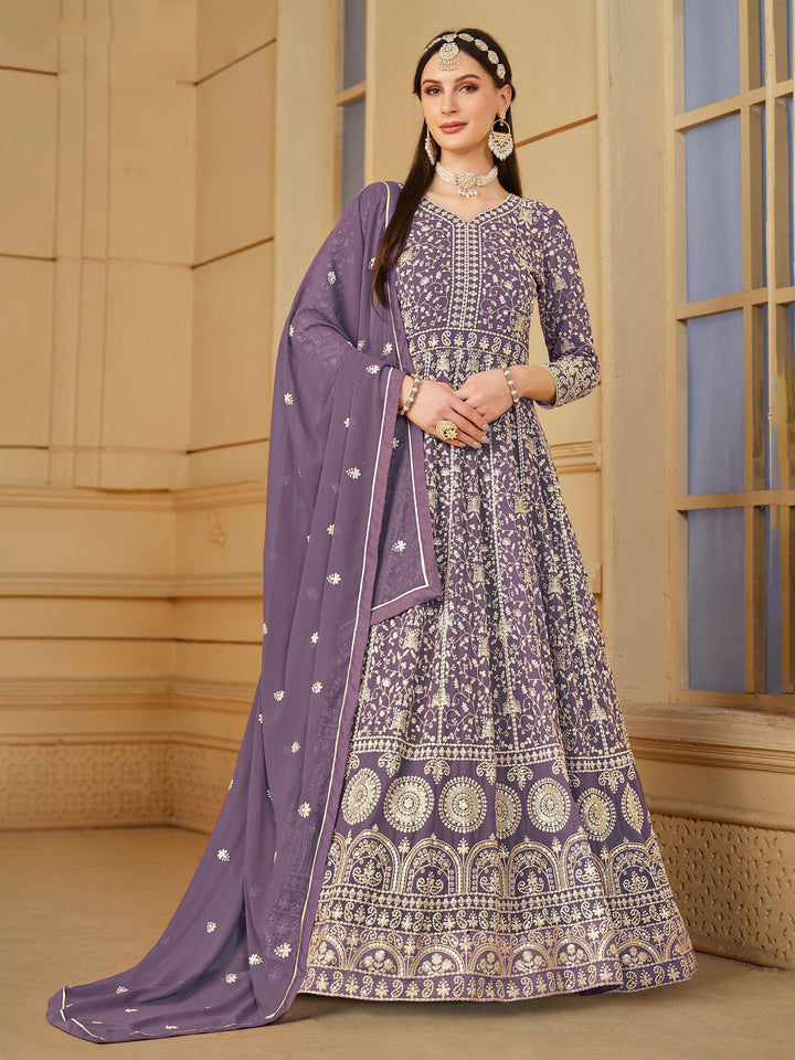 Purple Embroidered Georgette Semi Stitched Kurta With Churidar Pajami &amp; Dupatta
