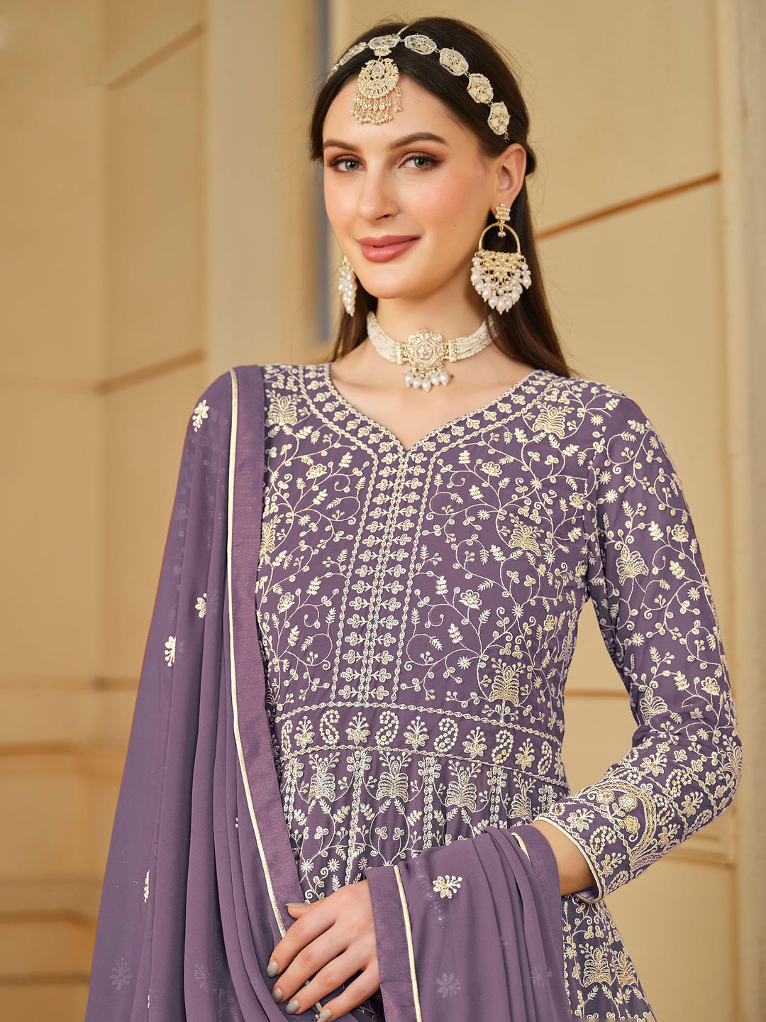 Purple Embroidered Georgette Semi Stitched Kurta With Churidar Pajami &amp; Dupatta