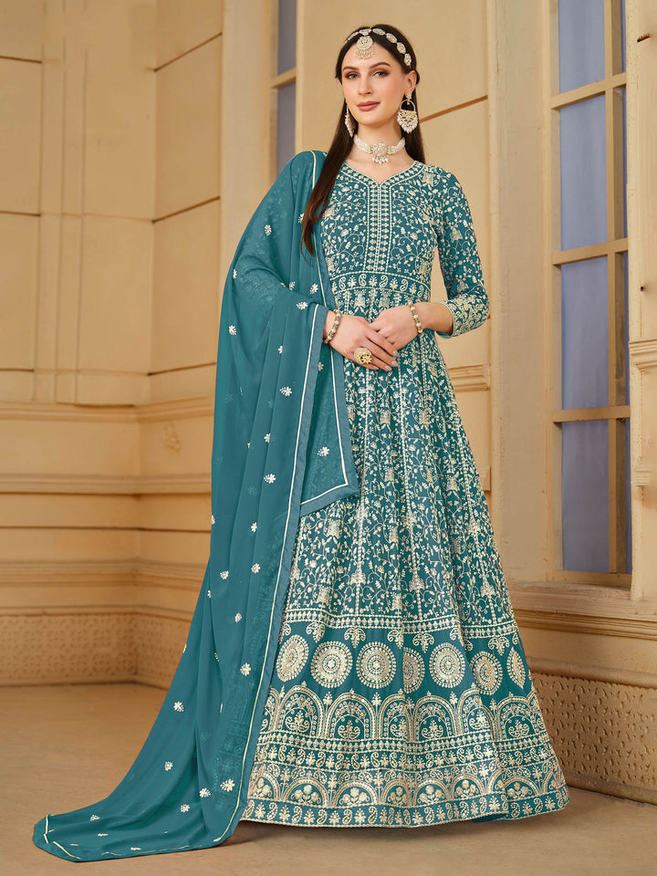 Teal Blue Embroidered Georgette Semi Stitched Kurta With Churidar Pajami &amp; Dupatta