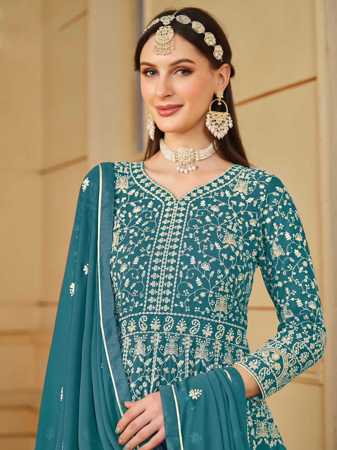 Teal Blue Embroidered Georgette Semi Stitched Kurta With Churidar Pajami &amp; Dupatta