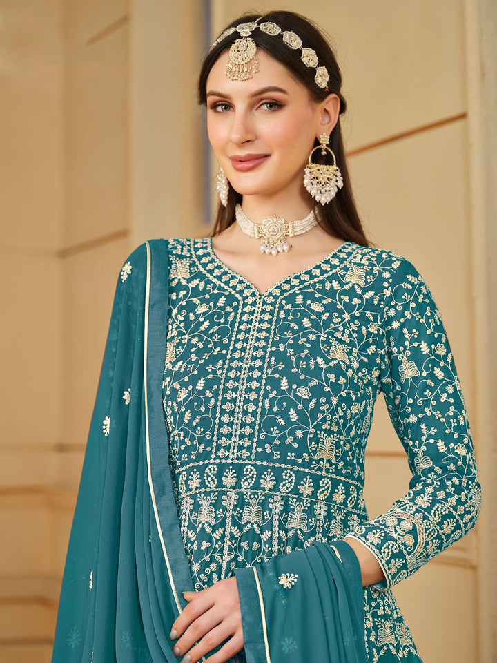 Teal Blue Embroidered Georgette Semi Stitched Kurta With Churidar Pajami &amp; Dupatta
