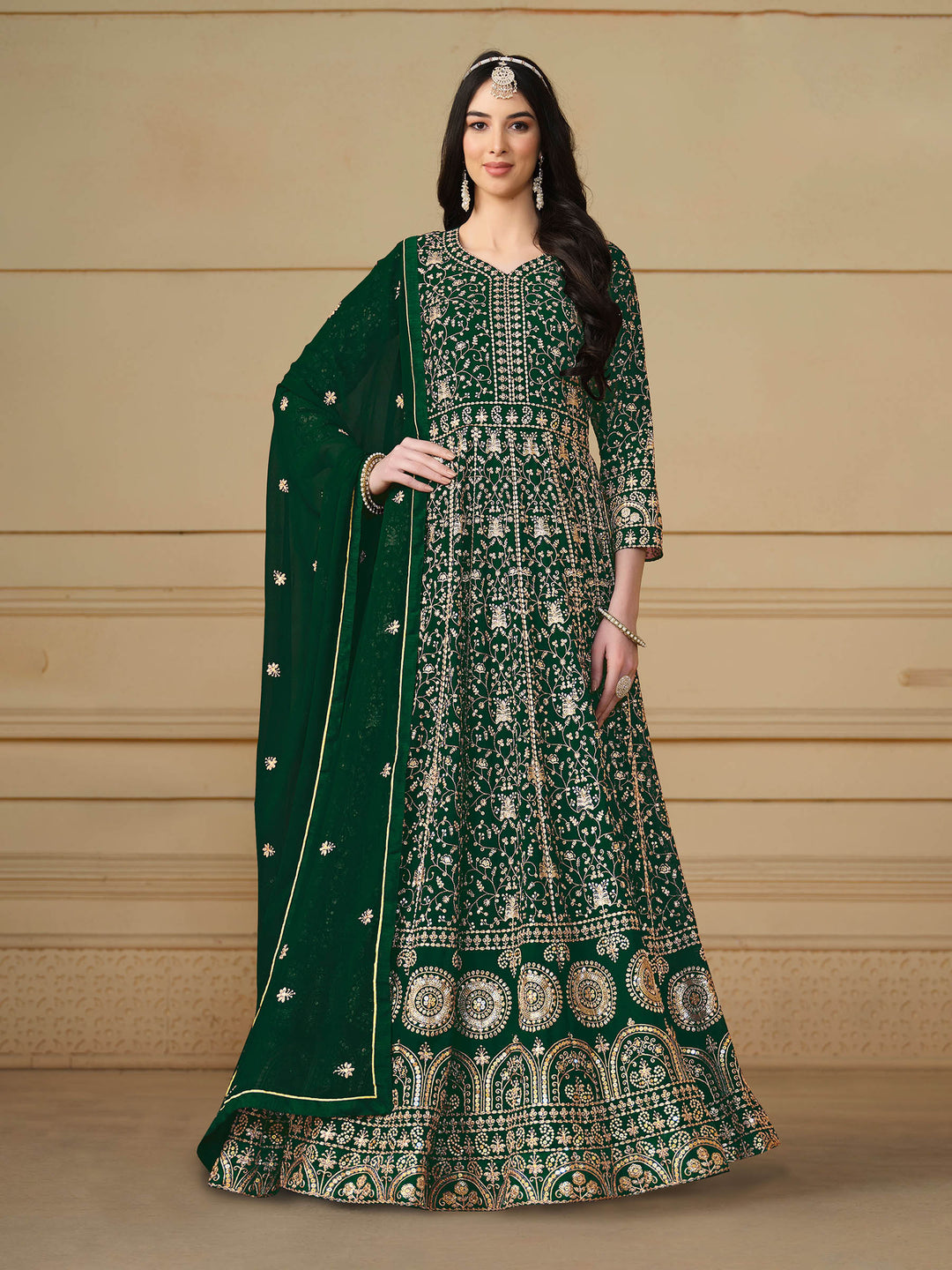Green Embroidered Georgette Semi Stitched Kurta With Churidar Pajami &amp; Dupatta