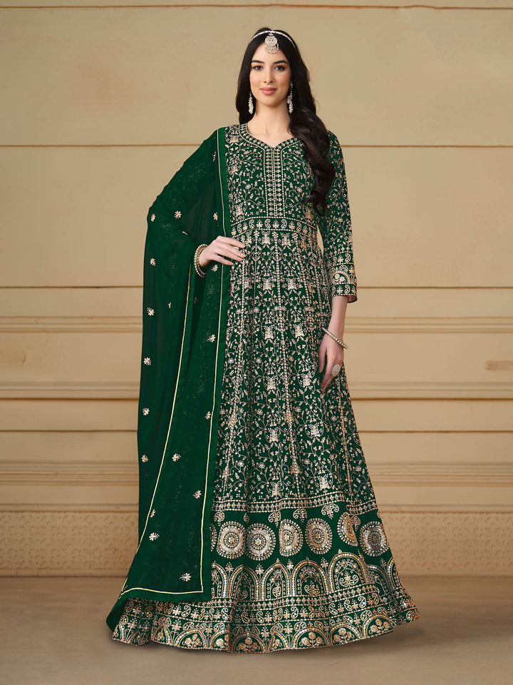 Green Embroidered Georgette Semi Stitched Kurta With Churidar Pajami &amp; Dupatta