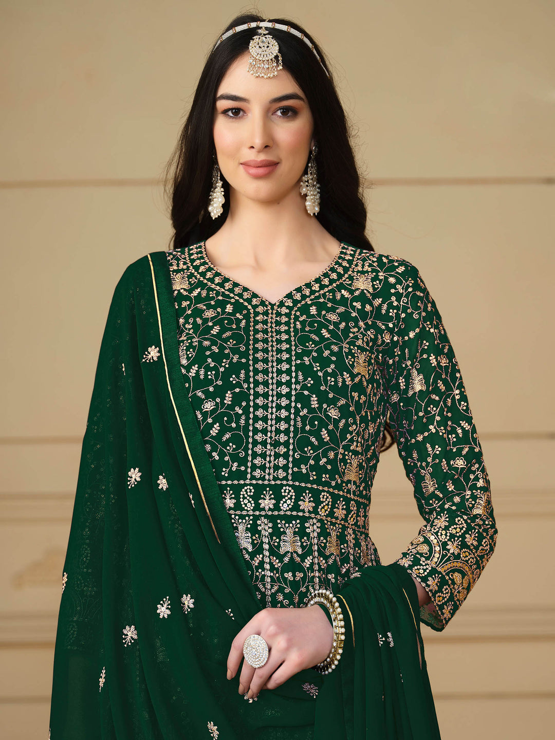 Green Embroidered Georgette Semi Stitched Kurta With Churidar Pajami &amp; Dupatta