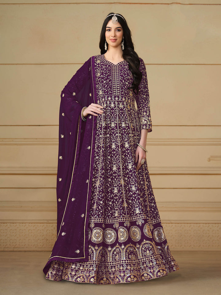 Wine Embroidered Georgette Semi Stitched Kurta With Churidar Pajami &amp; Dupatta