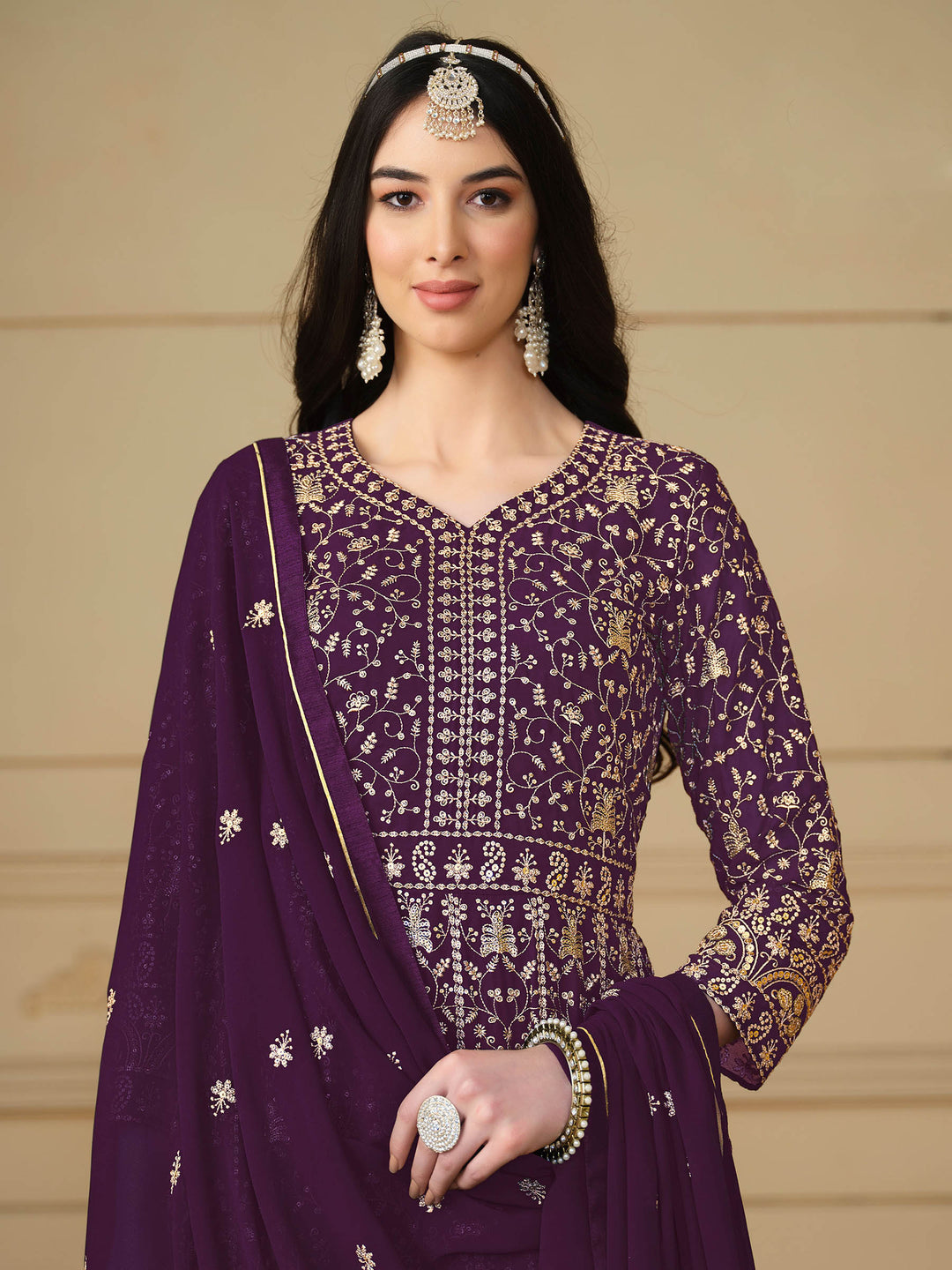 Wine Embroidered Georgette Semi Stitched Kurta With Churidar Pajami &amp; Dupatta