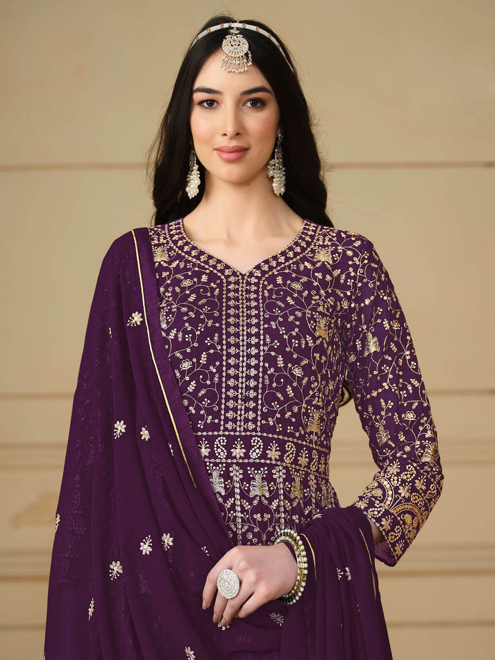 Wine Embroidered Georgette Semi Stitched Kurta With Churidar Pajami &amp; Dupatta