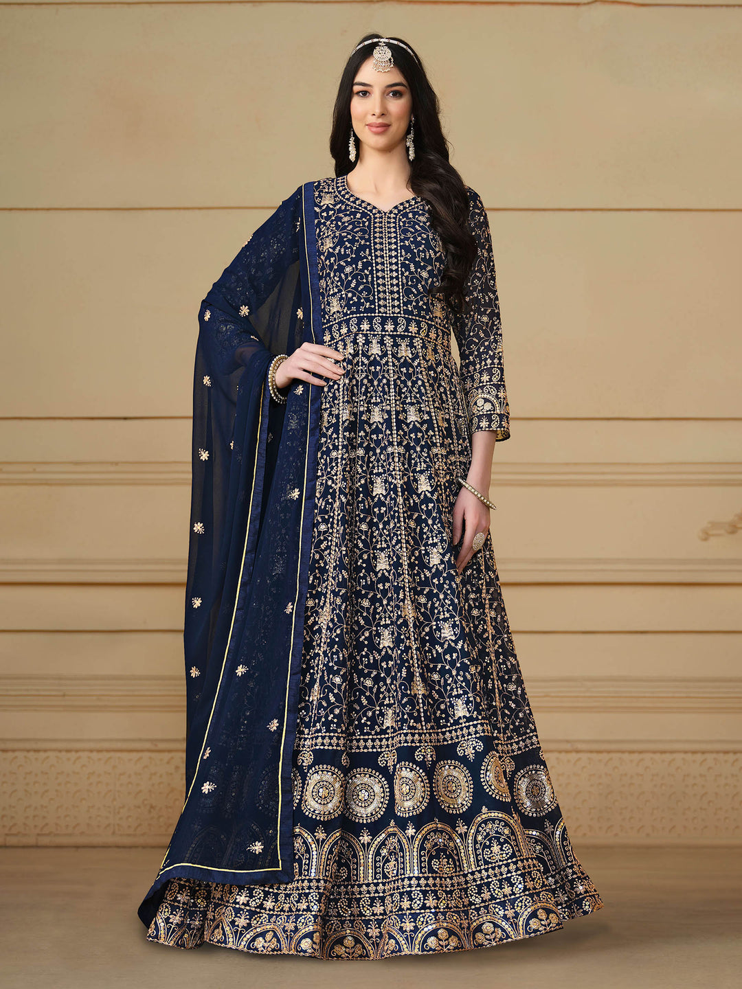 Blue Embroidered Georgette Semi Stitched Kurta With Churidar Pajami &amp; Dupatta