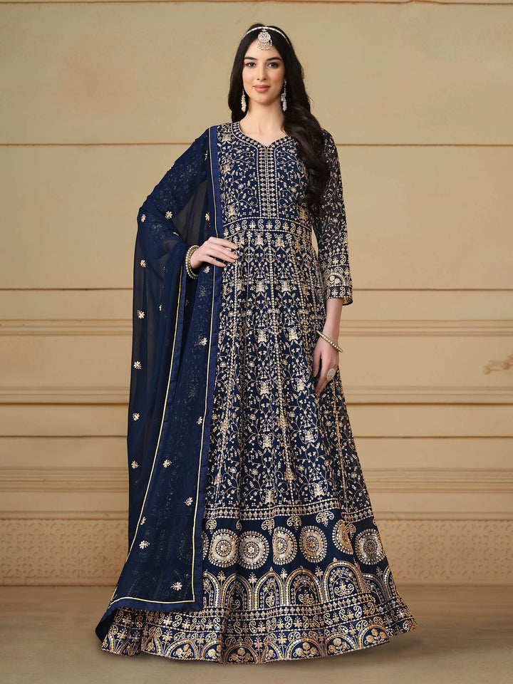Blue Embroidered Georgette Semi Stitched Kurta With Churidar Pajami &amp; Dupatta