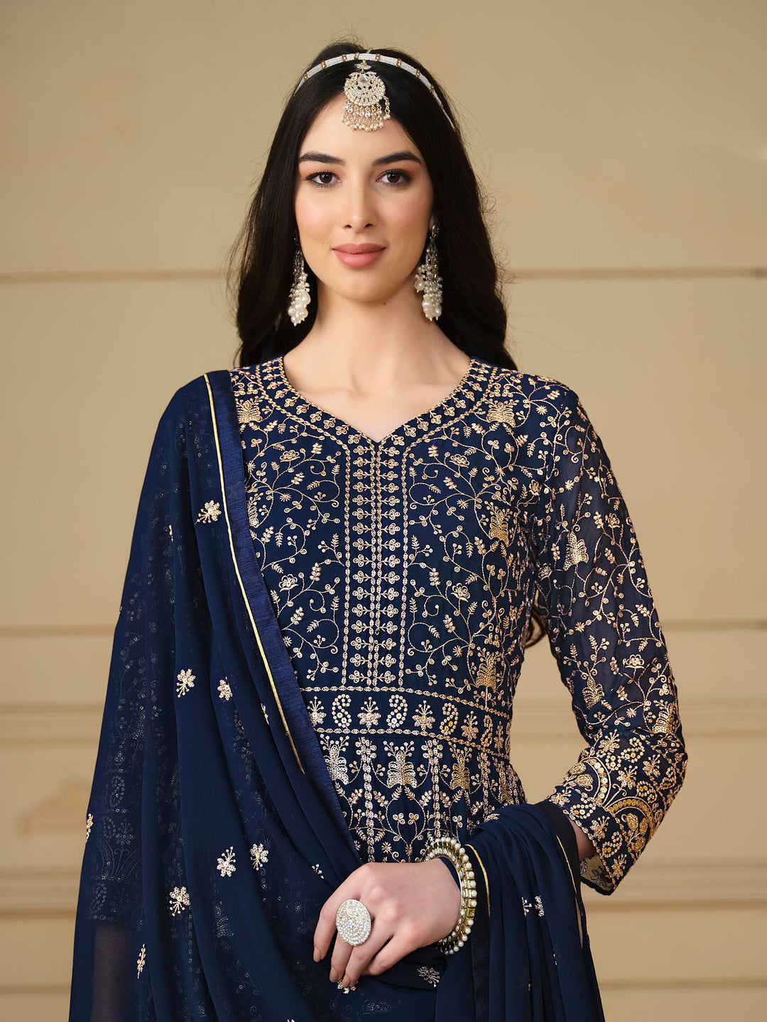 Blue Embroidered Georgette Semi Stitched Kurta With Churidar Pajami &amp; Dupatta