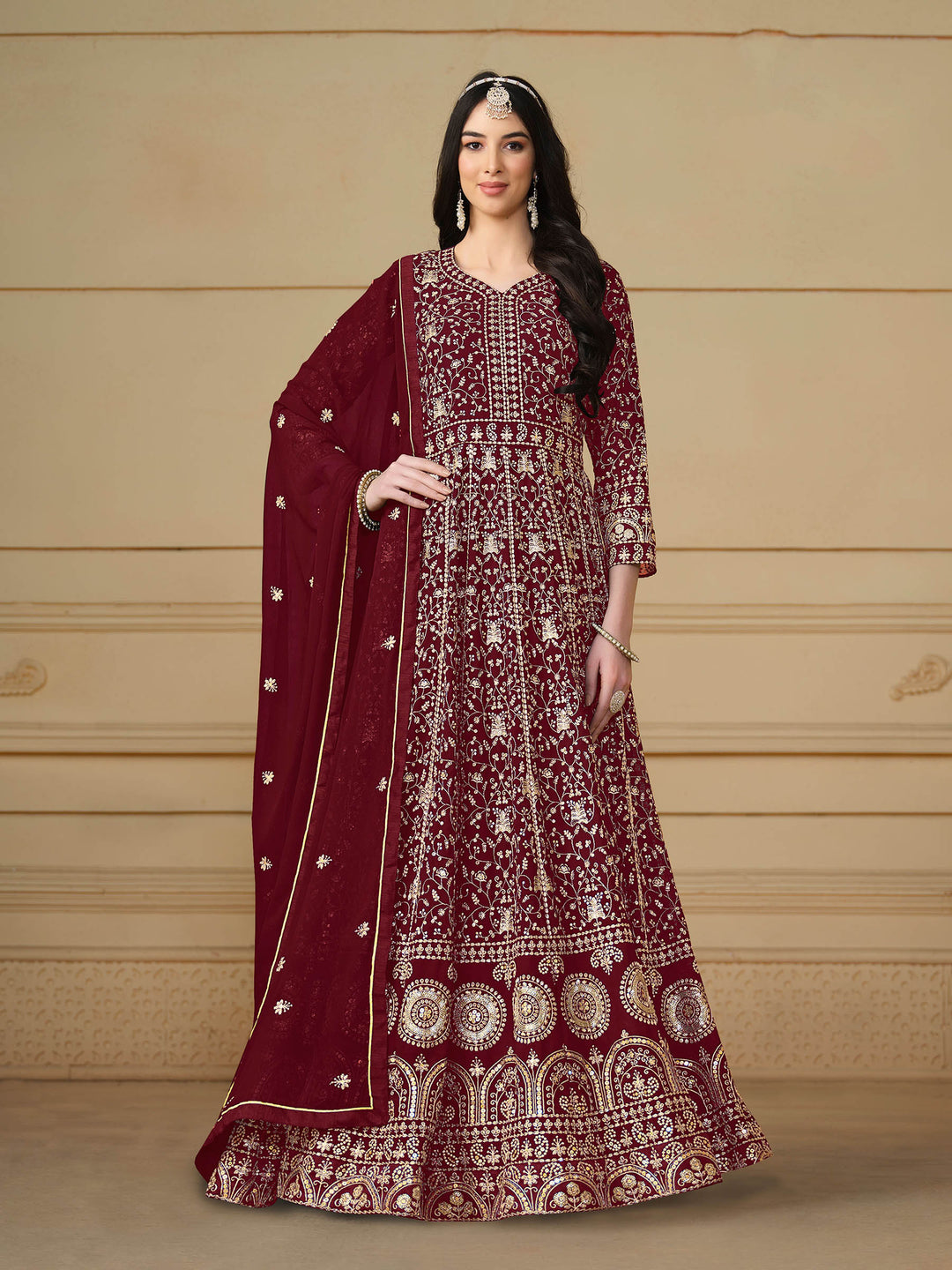 Maroon Embroidered Georgette Semi Stitched Kurta With Churidar Pajami &amp; Dupatta