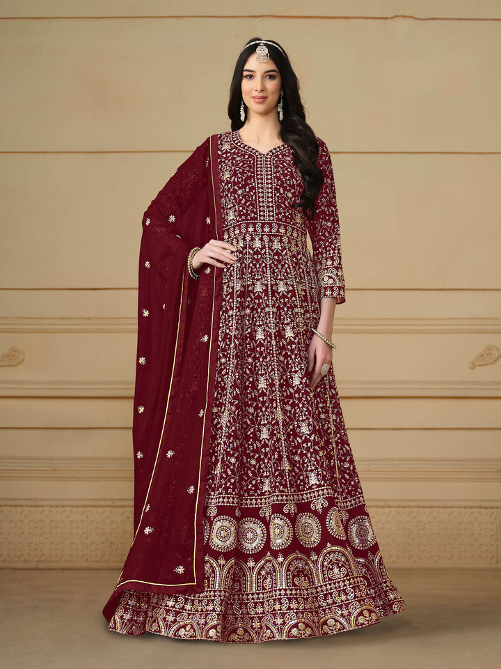 Maroon Embroidered Georgette Semi Stitched Kurta With Churidar Pajami &amp; Dupatta