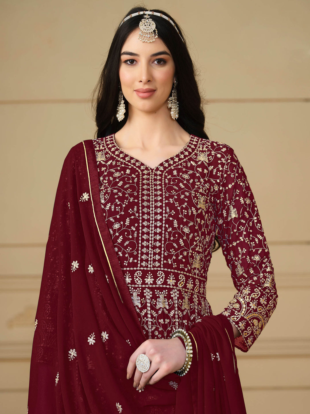 Maroon Embroidered Georgette Semi Stitched Kurta With Churidar Pajami &amp; Dupatta