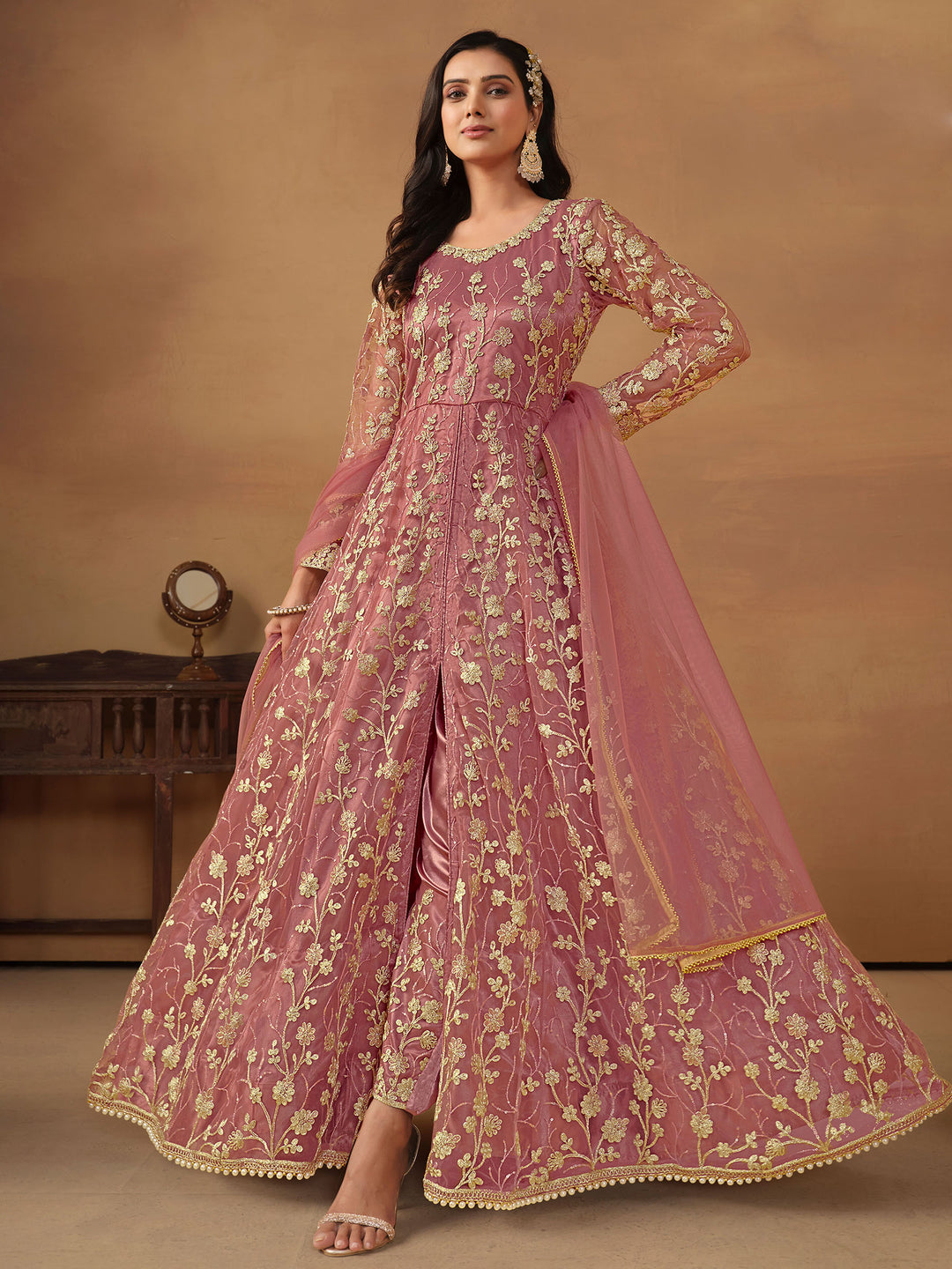 Pink Embroidered Net Semi Stitched Kurta With Pant &amp; Dupatta